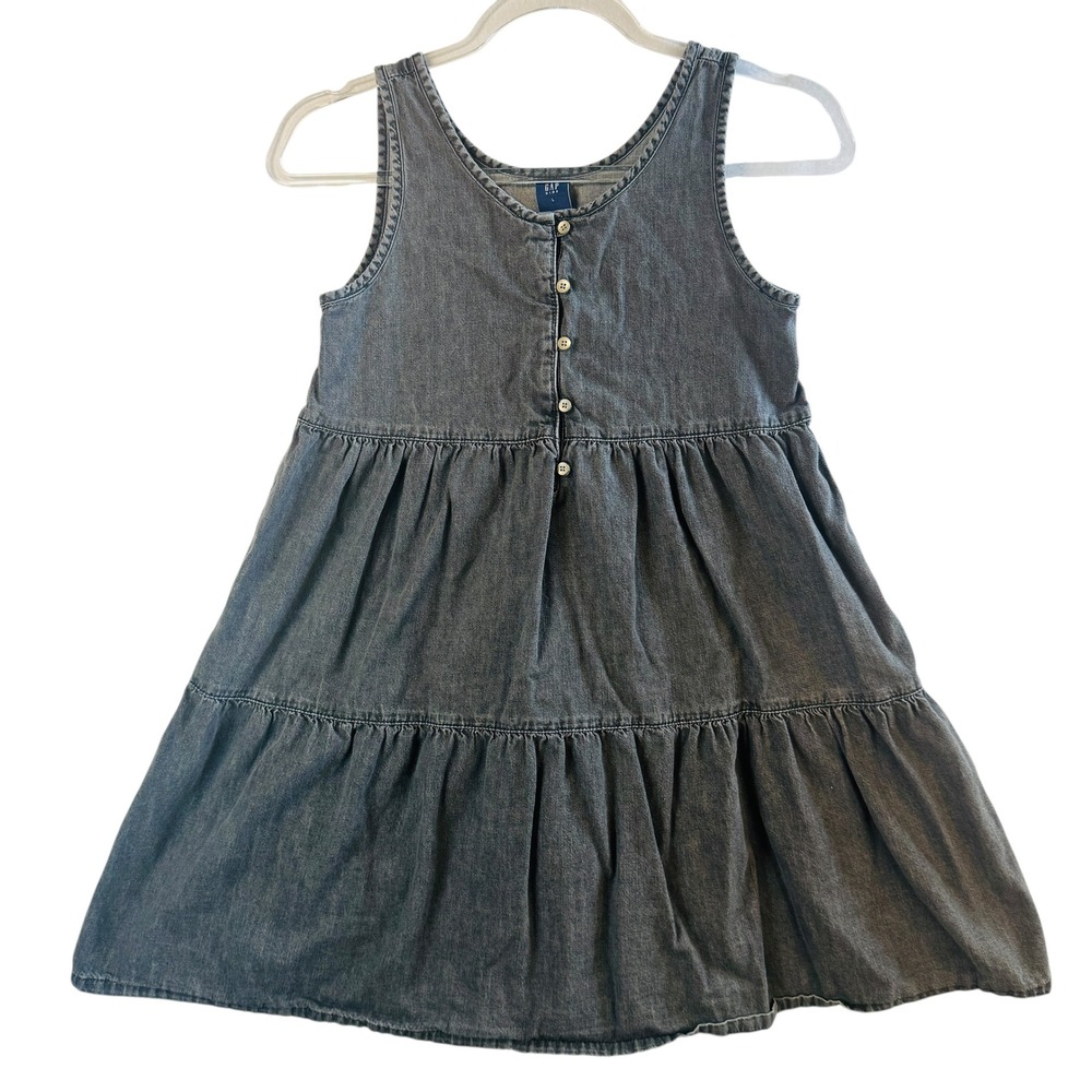 Gap Kids Denim Dress Tiered Sleeveless Tank Casual Button Front‎ Gray Black Sz L